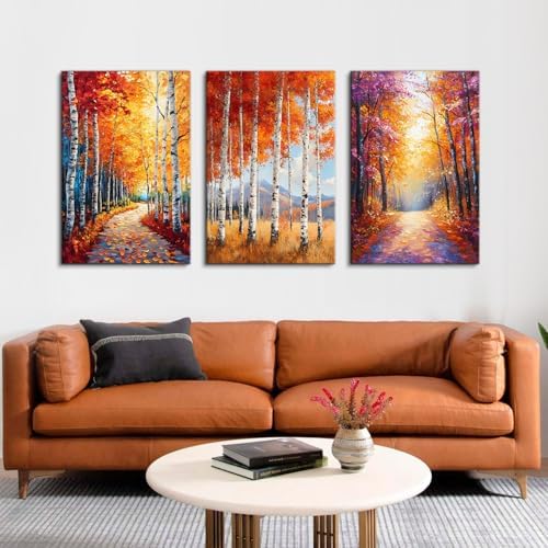 Orange Autumn Forest Wall Art Fall Forest Wall Decor Nature Woodland Pictures Gold Yellow Trees Landscape Canvas Prints Painting Botanical Artwork for Kitchen Living Room Home Decoration 24x36" 3Pcs