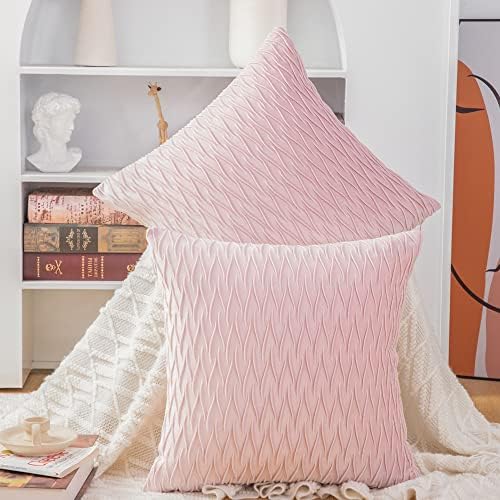 MADIZZ Set of 2 Super Soft Velvet Decorative Throw Pillow Covers 16x16 inch Light Pink Square with Texture Luxury Style Cushion Case Pillow Shell for Sofa Bedroom