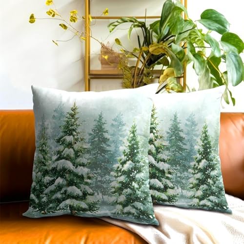 2 Packs Winter Snowy Pine Tree Throw Pillow Covers 24x24 inch for Christma Snow Forest Snowflakes Decorative Cushion Cases Winter Atmosphere Holiday Pillowcase for Home Sofa Patio