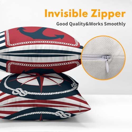Anchor Compass Throw Pillow Cases Outdoor Nautical Pillow Covers Blue and White Stripes Decorative Cushion Cover 20x20 Inch Red and White Cotton Linen Pillowcases for Beach Coast Home Bedroom