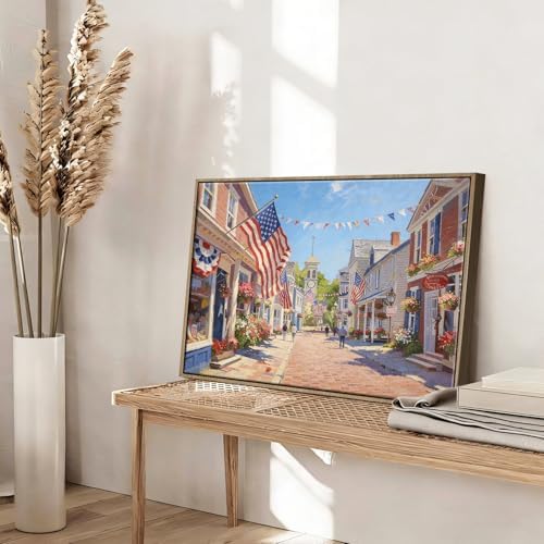 American Flag Framed Canvas Wall Art, 4th of July Patriotic Canvas Prints | USA Flag with Small Town Street Poster Print, Independence Day Wall Decor for Bedroom Living Room 6×8in