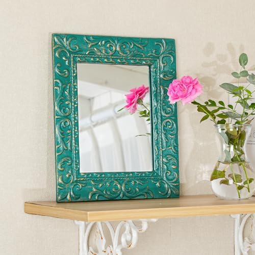 Sungmor Cast Iron Decorative Wall Mirror - Heavy-Duty Green & Gold Embossed Vintage Frame - Ornate Rectangular Hanging Mirror for Entryway, Living Room, or Bathroom