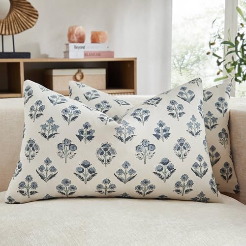 Floral Lumbar Pillow Covers Set of 2, 12x20 Inches Dusty Blue