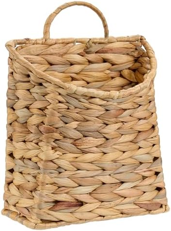 PINXIURY Water Hyacinth Hand Woven Basket, Wicker Hanging Wall Basket, handmade Decor & Storage Organizer for Entryway, Bathroom, Living Room, Farmhouse, and Front Door, 8.7 x 4.7 x 11.4 inch