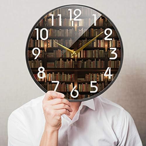 Naanle Mysterious Bookshelf Library with Books Round Wall Clock, 9.5 Inch Silent Battery Operated Quartz Analog Quiet Desk Clock for Home,Office,School