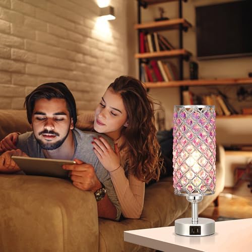 Hong-in Purple Crystal Table Lamp with USB C+A 3-Way Dimmable Bedside Lamp