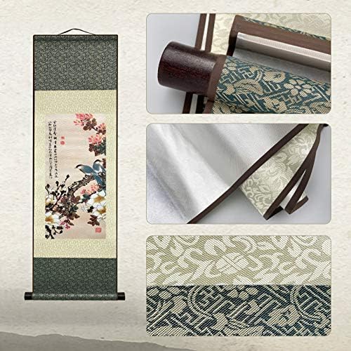 AtfArt Asian Wall Decor Beautiful Silk Scroll Painting Flowers and Birds Oriental Decor Chinese Art Wall Scroll Wall Hanging Painting Scroll (36.2 x 12 in)