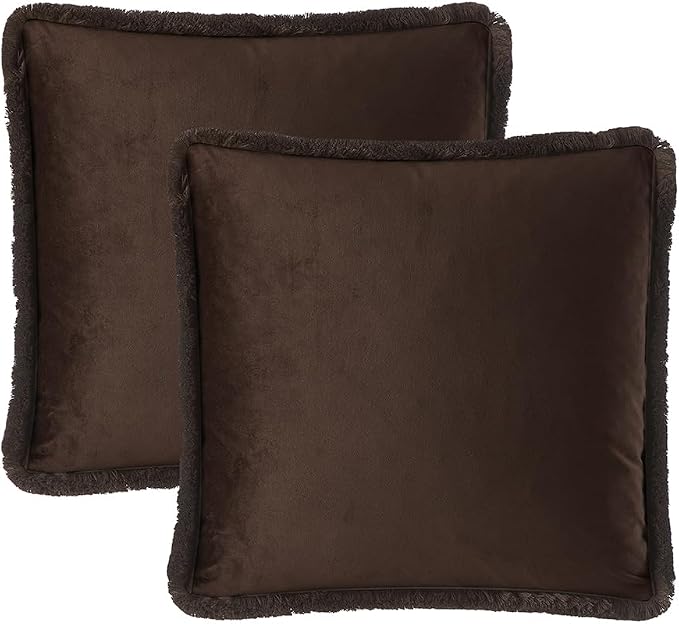 JUSPURBET Pack of 2 Coffee Decorative Fringe Velvet Throw Pillow Covers 24x24 for Home Decor Living Room Bedroom Car Boho Soft Cushion Cover with Hidden Zipper Machine Washable