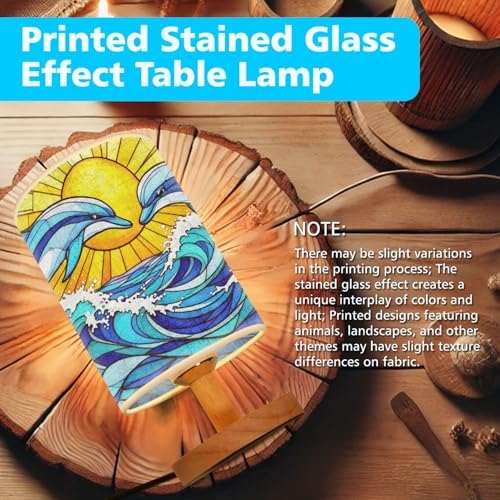 Dolphin Table Lamp LED 3-Color Pressed Bedside, Dolphin Shade Lamp with Wood Base for Bedroom Living Room Desk Office TL01