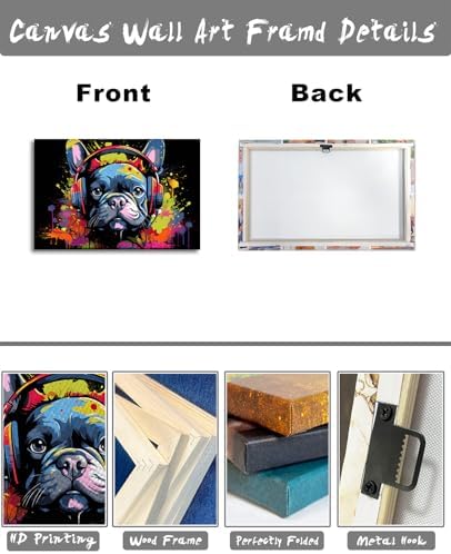 French Bulldog Wall Art Dog Wall Decor Black Poster Canvas Prints Graffiti Bulldog Wear Headphone Paintings for Living Room Bedroom Bathroom Home Office Decor Framed(Gog-4,16.00"x24.00")
