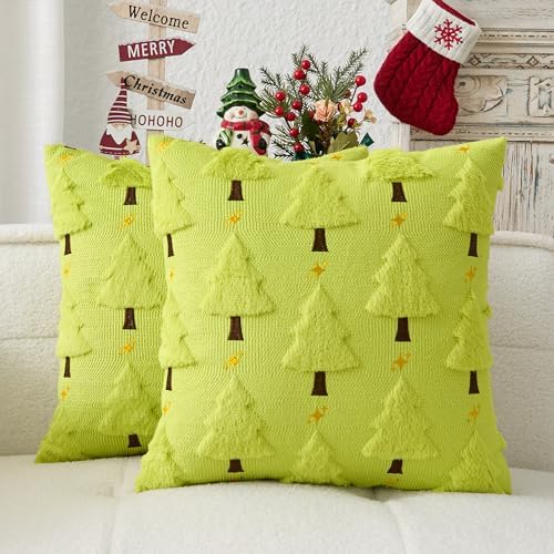 Kevin Textile Christmas Tree Pillow Covers 18x18 Inch Set of 2 Twinkle Golden Star Embroidery Soft Plush Faux Fur Throw Pillowcases for Couch Sofa Holiday Festivals Winter Xmas Gift, Green