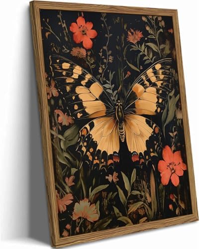 Dark Vintage Butterfly Wall Art,Butterfly Botanical Nature Pictures Wall Decor Flower Prints, Gothic Canvas Prints for Living Room Bedroom Office 12x16 inch Framed