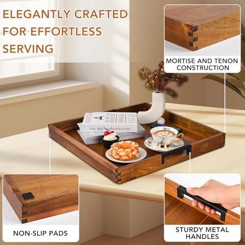 Large Square Ottoman Tray for Living Room and Coffee Table, Decorative Acacia Wood Serving Tray with Metal Handles for Breakfast in Bed, Dinner Food Kitchen TV (Natural, 20" x 20" x 2")