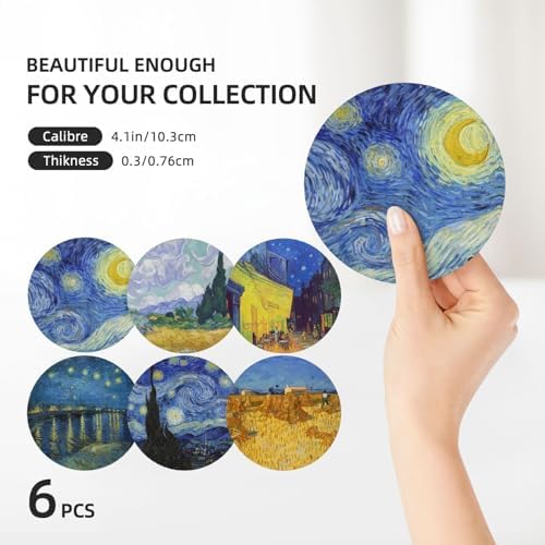Drink Coasters with Holder - 6 Set Ceramic Coaster for Drinks Absorbent with Cork Base and Golden Holder - Coasters for Coffee Table Apartment Wooden Bar Mugs Glasses Cup Beer