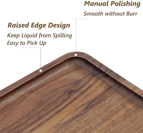 Wooden Serving Tray Walnut Wood Breakfast Platter Food Snack Dessert Coffee Tea Decorative Vanity Tray with Edge for Kitchen Living Room Bathroom Bedroom Home Decor (Large, Rectangular)