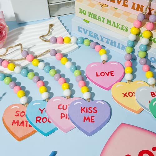 WATINC 8pcs Valentine's Day Wooden Bead Conversation Heart Garland, Sweet Love Wood Hanging Ornament, Double-sided Romantic Heart Pendant Hang Decor with Rope for Happy Valentine Party Tree Wall Decor