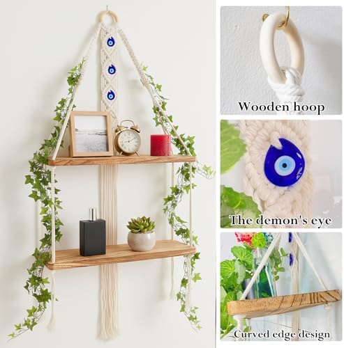 Macrame Hanging Shelf Boho Wall Decor - 2 Tier Handmade Cotton Rope & Rustic Wood Floating Shelves with Evil Eye Charms, Display Photos Plants, Bohemian Storage for Living Room, Bathroom (27"L)
