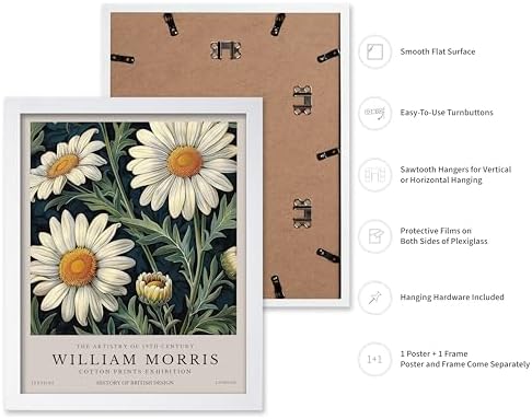Monem Art William Morris Poster - Daisy Flower Print - White Art - Botanical Art - Exhibition Artwork - Floral Design - Textile Illustration - Aesthetic Bedroom or Office Decor - 8x10 White Framed