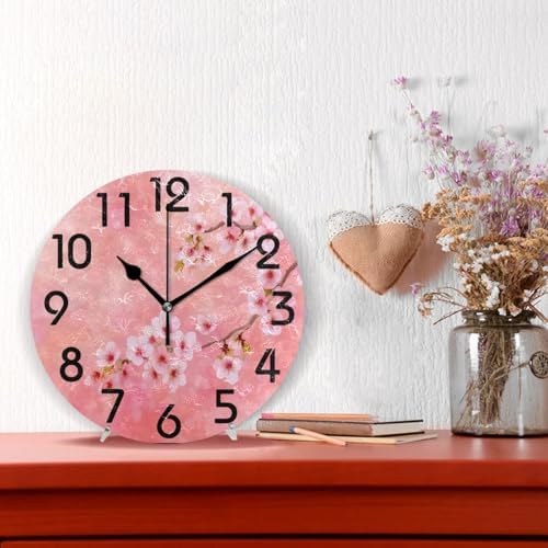 Naanle Stylish Spring Beautiful Pink Cherry Blossom Print Round Wall Clock, 9.5 Inch Battery Operated Quartz Analog Quiet Desk Clock for Home,Office,School