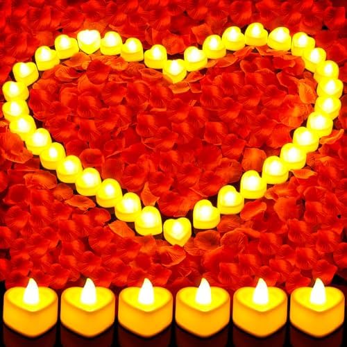 Flasoo Rose Petals and Candles Set for Romantic Decoration, 3000 Pcs Red Rose Petals and 36 Pcs Heart Candle Lights for Special Night, Wedding, Anniversary, Valentine Day for Hotel and Bedroom Decor