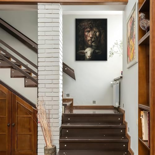 Jesus Canvas Wall Art Lion of Judah Pictures Christian Art Painting Religious God Prints Sheep Lion Modern Artwork for Bathroom Living Room Bedroom Office Framed Wall Decor 12"x16"