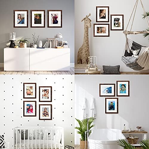 BAIJIALI 8x10 Picture Frame Rustic Brown Wood Pattern Set of 4 with Tempered Glass,Display Photos 5x7 with Mat or 8x10 Without Mat, Horizontal and Vertical Formats for Wall and Table Mounting