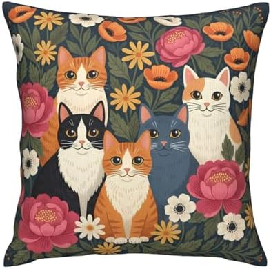 Cat and Floral Garden Decorative Throw Pillow Cover