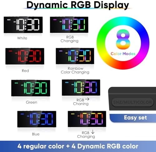 Tetino Alarm Clock for Heavy Sleepers, Digital Clocks with Adjustable Volume Brightness,Snooze,Battery Backup, Large Numbers Display RGB Colorful Changing Clock for Bedrooms,Office Living Rooms