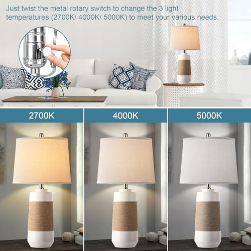 Hamucd White Boho Ceramic Lamps with Rope for Living Room Set of 2 Nautical Rattan Coastal Bedside Table Lamps for Bedroom Beach Nightstand Lamps with 2 Bulbs