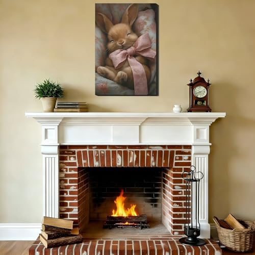 RIBNTAK Easter Rabbit with Pink Bow Canvas Wall Art 8x12, Bunny Pictures for Kids Room, Cozy Spring Easter Canvas Painting Prints Wall Decor, Holiday Artwork for Nursery Bedroom Decoration