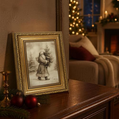 Fantasy Artists Christmas Framed Canvas Wall Art, Vintage Santa Claus Carrying Christmas Tree Gold Frame Print, Classic Holiday Wall Decor for Living Room Bedroom Entryway, Ready to Hang, 8" Wx10 H