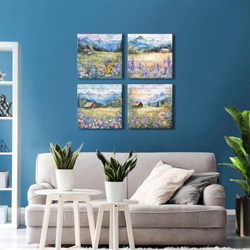 Colorful Flower Canvas Wall Art Nature Pictures Canvas Prints Country Mountain Landscape Poppy Daisy Wildflower Posters Abstract Barn Scenic Painting for Bedroom Living Room Home Decorations 16x16” 4P