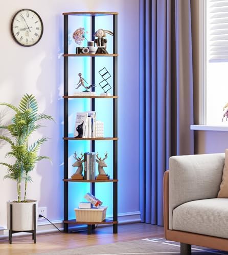 VIMBER 6-Tier Corner Shelf with LED Light, Industrial Corner Ladder Shelf, Rustic Display Shelf for Living Room, Bedroom, Kitchen, Home Office, Sturdy Frame, Rustic Brown and Black UJSJ002F