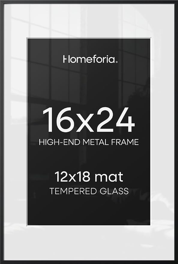 Homeforia 16x24 Black Picture Frame, High-End Metal, 12x18 Mat, Glass