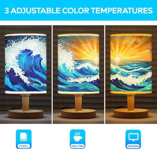 Sea and Ocean Waves Table Lamp LED 3-Color Pressed Bedside, Sea and Ocean Waves Shade Lamp with Wood Base for Bedroom Living Room Desk Office TL01