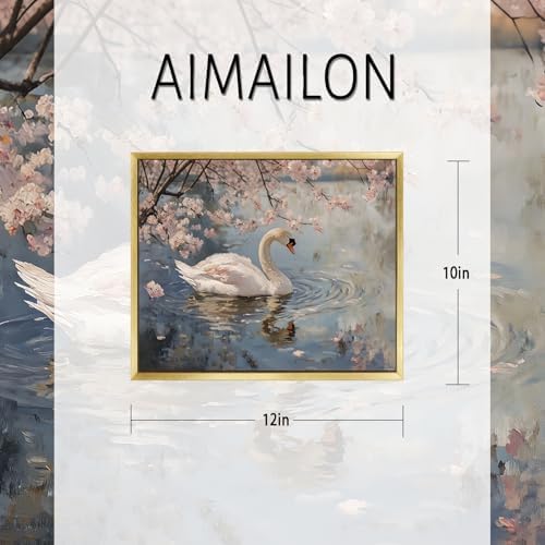 AIMAILON Gold Frame White Swan Animal Pattern, Aesthetic Artwork 10x12 | classic pink flower lake view background, home decoration, easy to disassemble, living room gallery painting