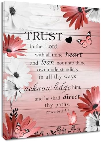 LB Country Bible Verse Wall Art for Bathroom Red Floral on Retro Grey Wood Canvas Wall Art Wall Paintings Home Decor Butterfly Wall Pictures for Living Room Bedroom Office Ready To Hang,12x12 Inch