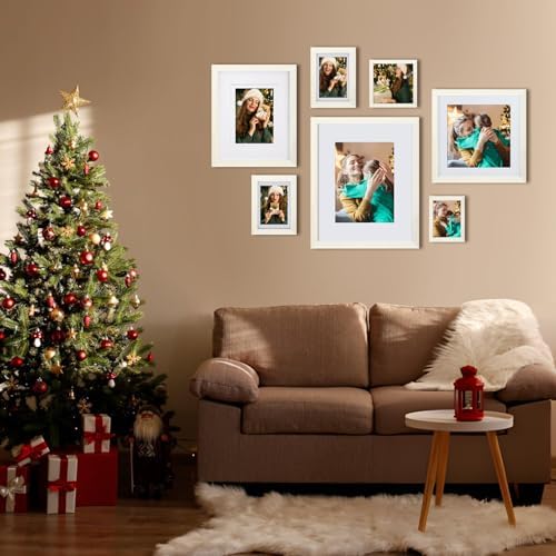 Egofine 4x6 Picture Frames Set of 4, Made of Solid Wood Covered by Plexiglass 3x4.5 and 3.5x5 with Mat or 4x6 without Mat, for Table Top Display and Wall Mounting Photo Frame Beige