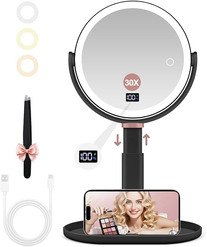 GOMIPURU Makeup Magnifying Mirror with Light 30X/1X, Digital Display, 2-Sided Touch Control, Makeup Mirror with 3 Color Lights,360° Rotate, Height Adjustable Lighted Magnifying Mirrors for Desk Travel