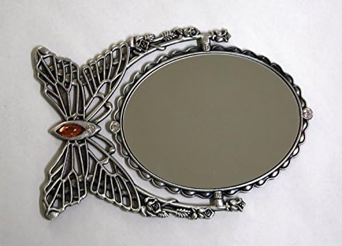 SEHAMANO Vintage Antique Butterfly Patterned Metal Frame Makeup Table Mirror, Decorative Oval Shaped Stand Mirror, Vanity Cosmetic Double Sided Rotatable Ellipse Mirror (Tin (Matt Grey), Medium)