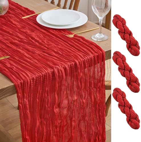 Asee'm 3pcs Red Cheesecloth Table Runner Christmas 10FT Boho Rustic Gauze