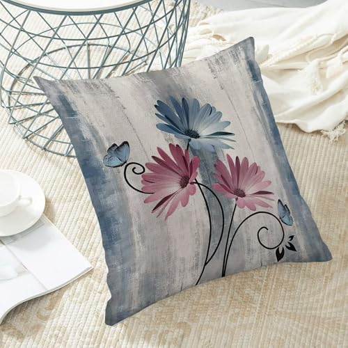 Blue Pink Floral Pillow Covers 18 x 18 Inch Set of 2 Daisy Floral Butterfly Decorative Throw Pillow Covers Linen Rustic Farmhouse Cushion Cases for Home Sofa Couch Living Room Decor