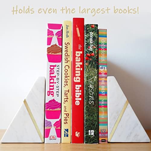 Marble Bookends Handcrafted Heavy Marble Triangular Bookshelf Decor Brass Inlay Set of 2 Decorative Bookends Book Stoppers with Non-Skid Bottom Solid Home Kitchen Office Shelves Triangle