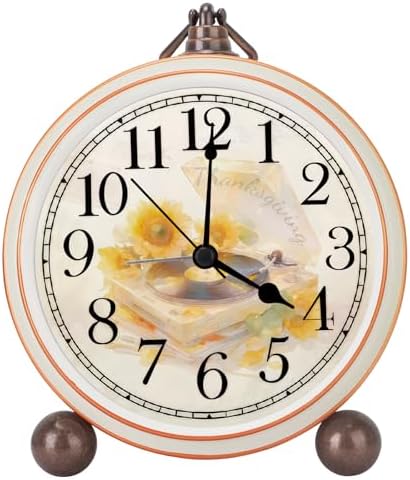 Classic Vintage Table Clock - 5.2in Analog Desk Clock, Silent Non-Ticking Clock with Distressed Metal Frame for Office, Living Room or Bedroom (Turntable)