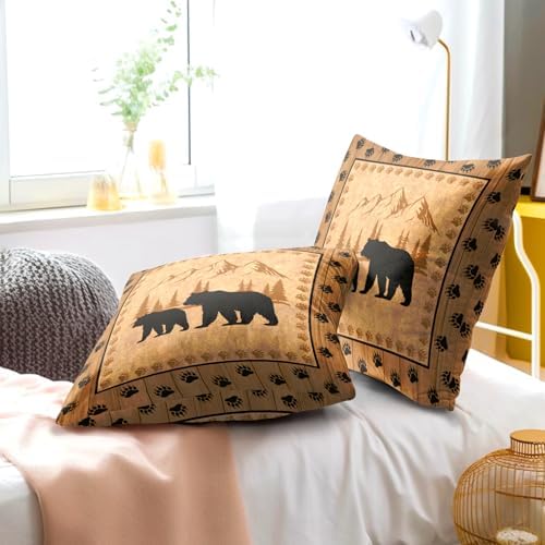 Bear Throw Pillow Covers 24x24 Inch Set of 2 Retro Brown Mountain Decorative Pillowcase Rustic Cabin Bear Hunting Animal Paw Prints Decorative Cotton Cushion Case for Home Sofa Bedroom