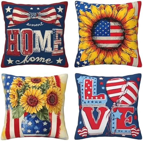 4th of July Throw Pillow Covers Set of 4 Decorative Soft Double Sided Print Pillow Case Farmhouse Home Decor for Living Room Sofa Couch 18x18