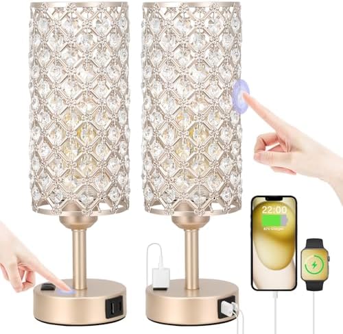 Hong-in Touch Table Lamps for Bedrooms Set of 2-3 Way Dimmable Champagne Gold Crystal Lamps with Crystal Shade, Bedside Nightstand Lamp for Living Room Bedroom Home Office