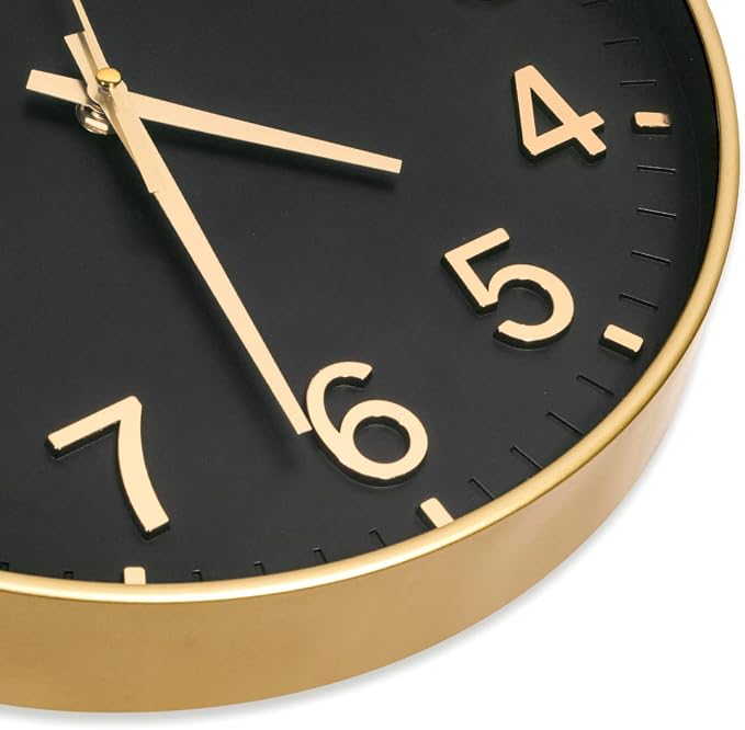 HZDHCLH 12 Inch Silent Wall Clock Battery Operated Non Ticking Black Gold | Non Ticking Modern Clock for Wall, 3D Numbers Wall Clock for Kitchen Bedroom Living Room Office Classroom Decor