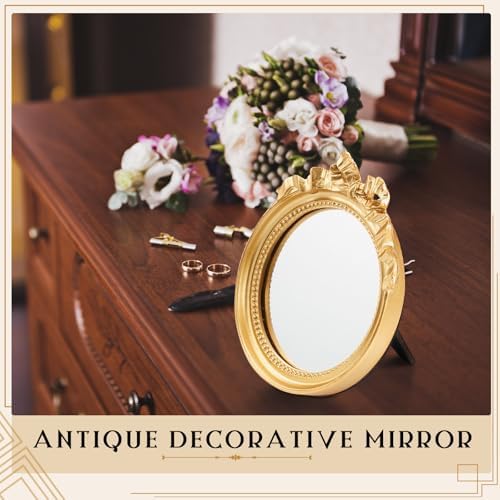 Threehoney 4 Pack Small Vintage Wall Mirror 4.1" Gold Bow Desk Mirror Decorative Round Makeup Mirrors with Resin Frame for Bedroom, Bathroom, Table Decoration