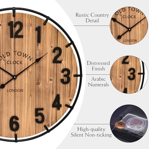 30 Inch Farmhouse Wall Clock Large Old Town Vintage Rustic Wooden Clock with Metal Rim and Large Numerals, Silent Battery-Operated for Office, Kitchen, Bedroom, and Living Room